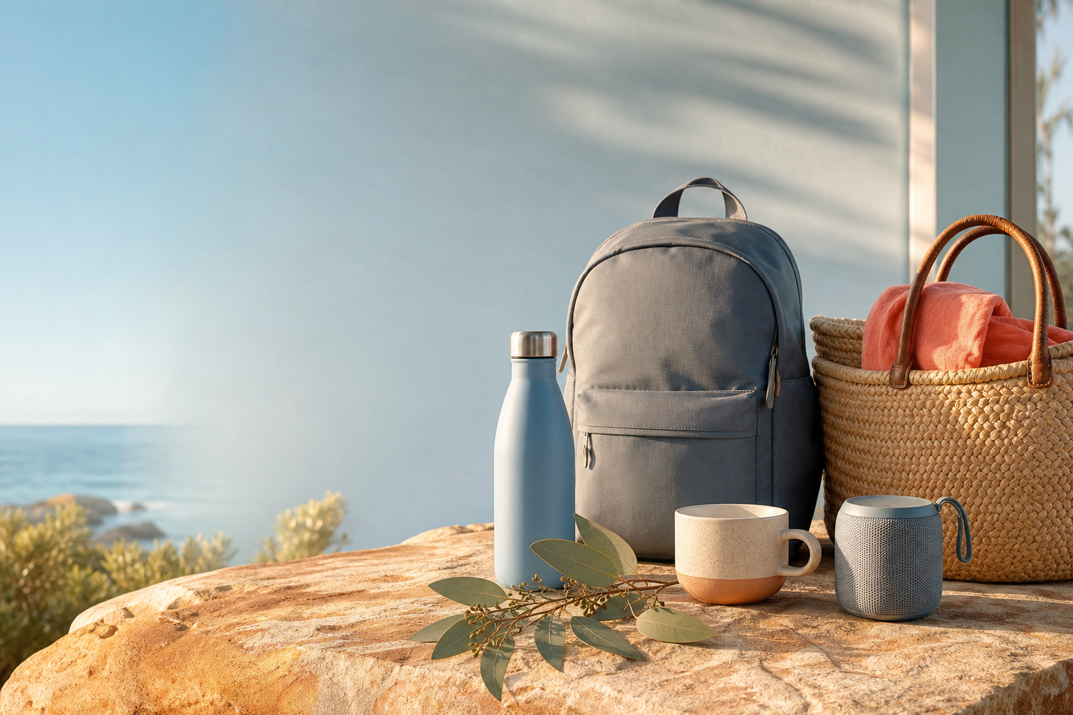 A backpack, reusable bottle and everyday travel finds in warm Australian coastal light